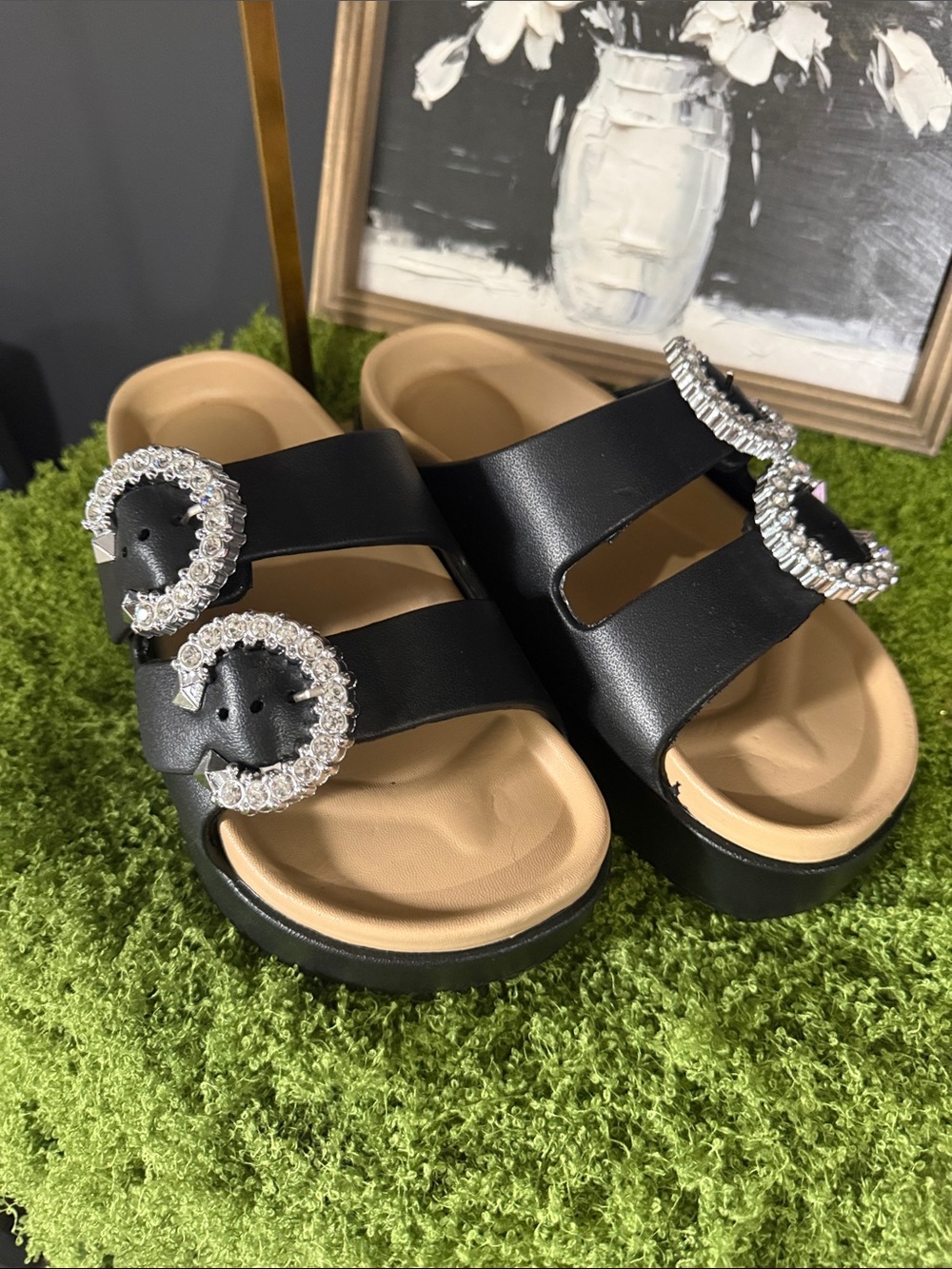 Black Slide Sandals with Crystal Buckle Accents